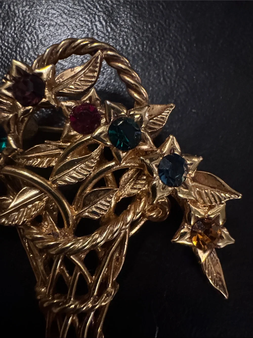 Vintage Joan Rivers Gold-Tone Basket Floral Brooch with Multicolor Stones